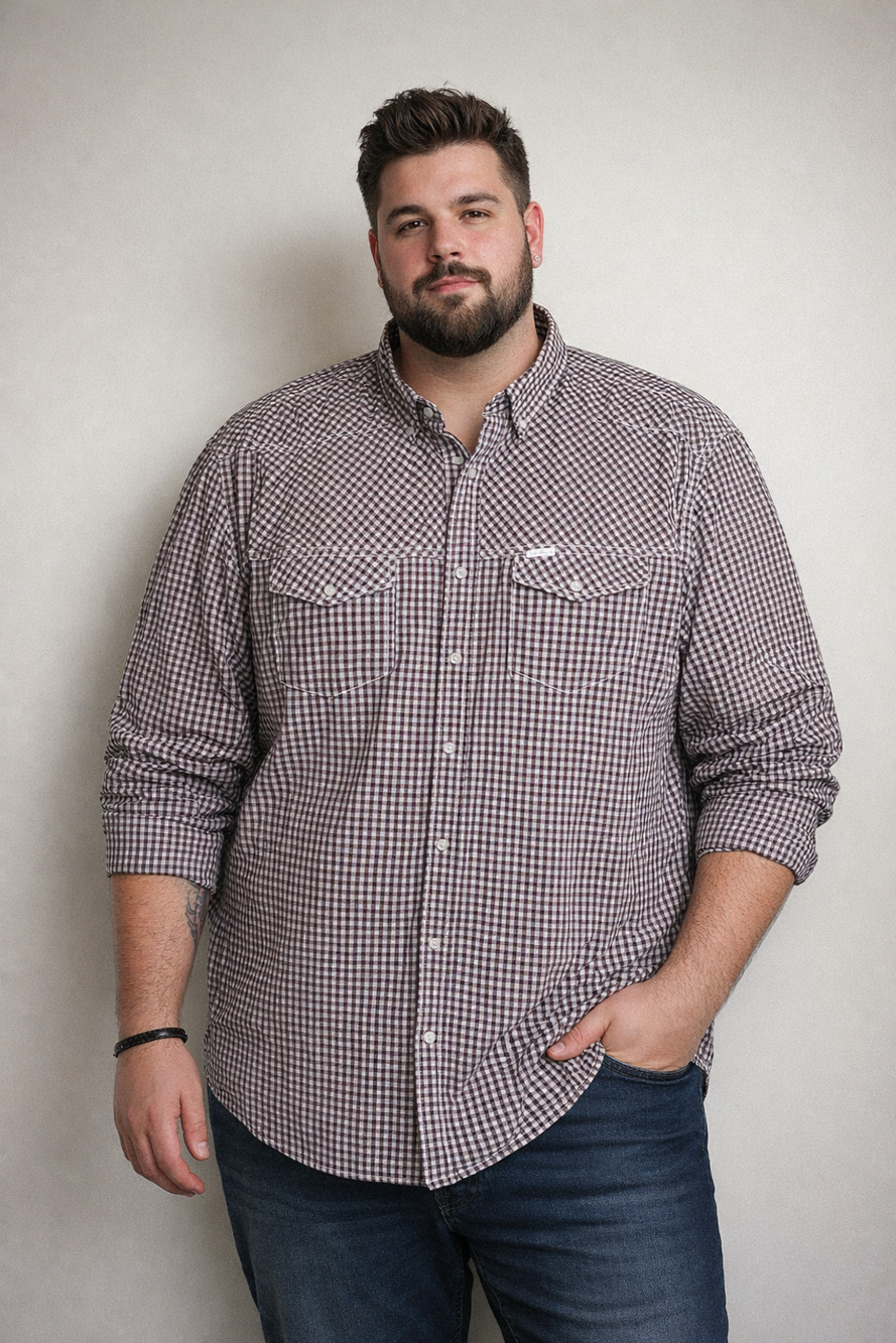Marc Ecko Gingham Shirt Men's 3XL Snap Front Long Sleeve Utility Casual Burgundy